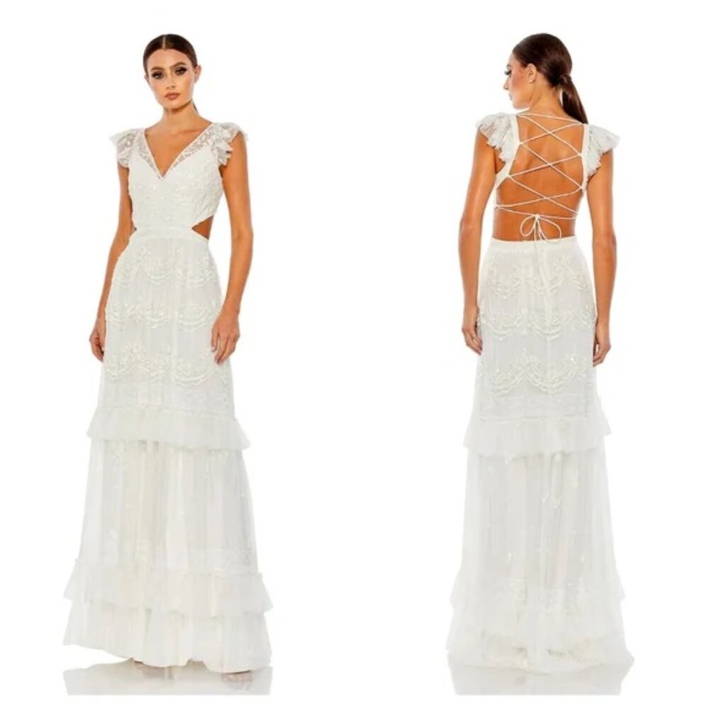 NWT | Mac Duggal 9167 White Cap Sleeve V Neck Tiered Lace Up Back Maxi Size 12